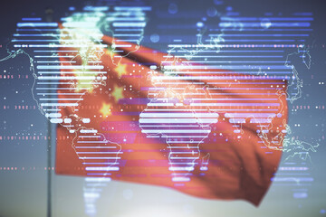 Poster - Multi exposure of abstract creative digital world map hologram on flag of China and sunset sky background, tourism and traveling concept