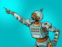 Artificial Intelligence Robot Point With Their Hand. Template Advertising Announcement News Sale. Pop Art Style