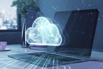 Poster -  laptop computer with hologram. Glowing cloud hologram. Cloud computing technology internet on converging point of circuit and abstract blue background. 