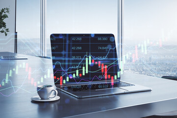 Poster - Business and financial report concept with digital financial chart growing candlestick and graphs on modern laptop in stylish office background, double exposure