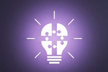 Wall Mural - Abstract glowing white puzzle light bulb on purple background. Completing business idea. Cooperation, teamwork. Successful solution puzzle. Symbol of partnership. 3D Rendering.