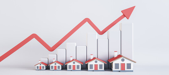 Poster - Abstract image of rising house prices on light backdrop with red arrow, chart and houses. 3D Rendering.