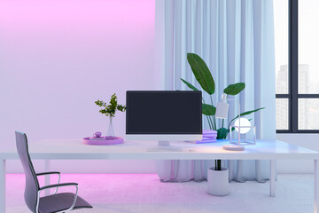 Poster - Close up of empty computer on designer desktop in office interior with curtains, furniture, decorative plant and window with city view. Mock up, 3D Rendering.