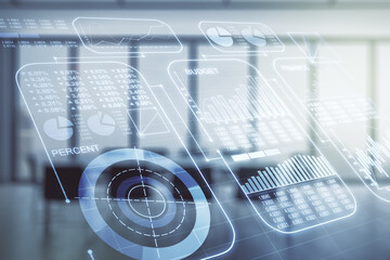 Poster - Double exposure of abstract creative statistics data hologram on a modern boardroom background, analytics and forecasting concept