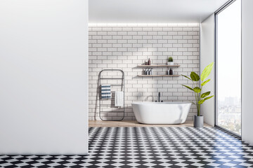 Front view on light grey wall with place for poster in modern interior design bathroom with white bath on light brick wall background, mosaic floor and city view from window. 3D rendering, mock up