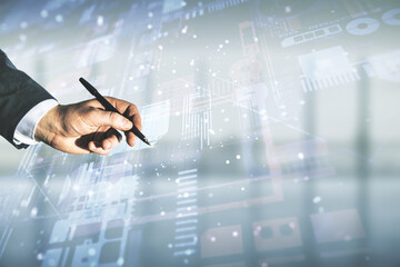 Poster - Double exposure of male hand with pen working with abstract programming language interface on blurred office background, research and development concept
