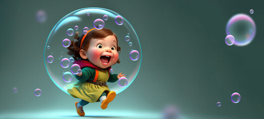 cute little girl chasing and playing with soap bubbles, wide banner with copy space area for kids play fun times concepts