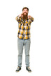 Young adult redhead man with a long beard standing full body isolated cheerful smiles pointing to front.