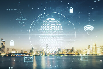Aufkleber - Double exposure of virtual creative fingerprint hologram on Chicago city skyscrapers background, research and development concept