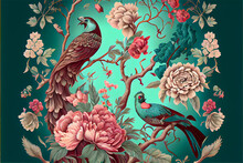 Vintage Floral Pattern With Birds And Peonies With A Luxury Finish, Generative AI