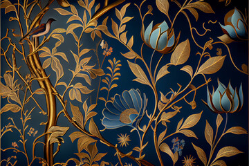 Blue and gold vintage floral pattern with a delicate luxury look, generative AI