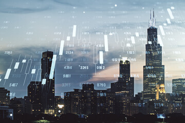 Aufkleber - Double exposure of abstract creative statistics data hologram on Chicago office buildings background, analytics and forecasting concept