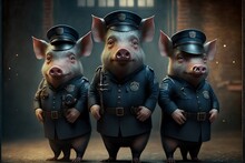 Three Little Pigs Dressed As Police Officers In A City Alley With Brick Buildings In The Background