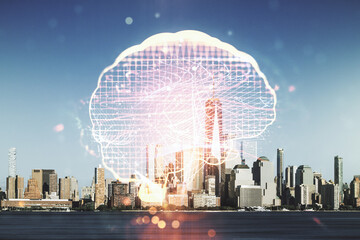 Poster - Double exposure of creative artificial Intelligence interface on New York city skyscrapers background. Neural networks and machine learning concept