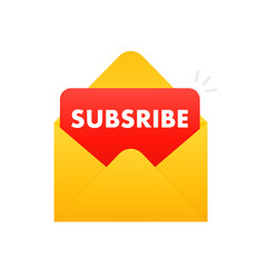 Poster - Red letter to subscribe to the newsletter, news, offers, promotions. Letter in an envelope. Email notification concept. Subscribe email newsletter, social media marketing banner. Vector illustration