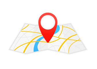 Poster - Map with a pin. Red direction indicator on a folded city map, gps navigation and location of movement. Location map flat design isolated on white. Vector illustration