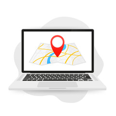Poster - Map with a pin on laptop. Red direction indicator on a folded city map, gps navigation and location of movement. Location map flat design isolated on white. Vector illustration