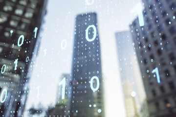 Aufkleber - Abstract virtual binary code sketch on blurry cityscape background, hacking and matrix concept. Multiexposure