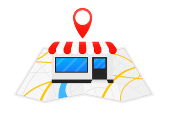 Poster - Map with pin shop. Gps navigation and place of movement. We have moved the new location of the office icon. Address of movement, change of location, advertisement, business. Vector illustration