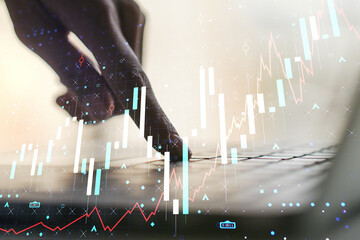 Poster - Multi exposure of abstract creative financial graph with hand typing on laptop on background, forex and investment concept