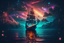 Ai Generative Fantasy Illustration Of Pirate Ship In The Ocean, In The Background Colorful Galactic Sky