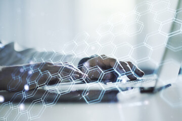 Poster - Creative abstract wireless technology hologram with hexagon and hands typing on computer keyboard on background, artificial intelligence and machine learning concept. Multi exposure