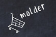 Chalk drawing of shopping cart and word molder on black chalboard. Concept of globalization and mass consuming