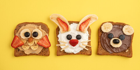 Sticker - Funny animal faces toasts with spreads, banana, strawberry and blueberry for kids lunch