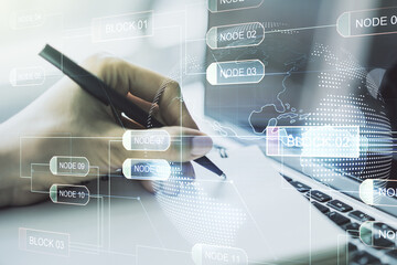 Poster - Double exposure of abstract programming language with world map and hand writing in notebook on background with laptop, research and development concept