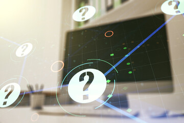 Aufkleber - Creative abstract question mark sketch and modern desk with computer on background, FAQ and research concept. Double exposure