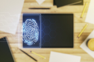 Poster - Abstract creative fingerprint illustration and modern digital tablet on desktop on background, top view, personal biometric data concept. Multiexposure