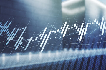 Poster - Multi exposure of abstract virtual financial graph hologram on blurry modern office building background, forex and investment concept