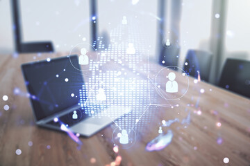 Poster - Social network concept with world map and modern laptop on background. Multiexposure