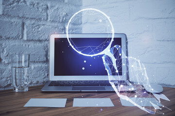Poster - Desktop computer background in office and start up theme hologram drawing. Double exposure. Startup concept.