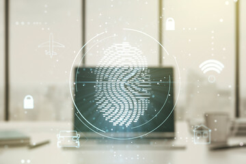 Aufkleber - Multi exposure of abstract fingerprint scan interface on computer background, digital access concept