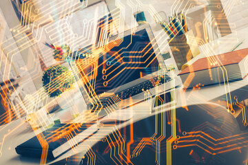 Aufkleber - Computer on desktop in office with technology theme hologram. Double exposure. Tech concept.
