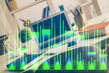 Poster - Double exposure of forex chart and work space with computer. Concept of international online trading.