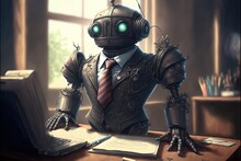Robot Bureaucrat With A Tie, Concept Of Artificial Intelligence And Automation, Created With Generative AI Technology