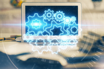 Aufkleber - Multi exposure of business theme icons and work space with computer background. Concept of success.