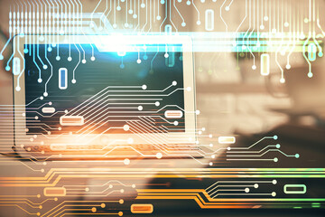 Poster - Multi exposure of desktop computer and technology theme hologram. Concept of software development.