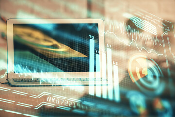Aufkleber - Computer on desktop in office with technology theme hologram. Double exposure. Tech concept.