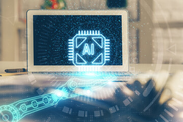 Poster - Multi exposure of desktop computer and technology theme hologram. Concept of software development.