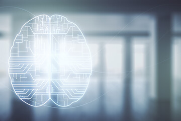 Aufkleber - Virtual creative artificial Intelligence hologram with human brain sketch on empty corporate office background. Multiexposure