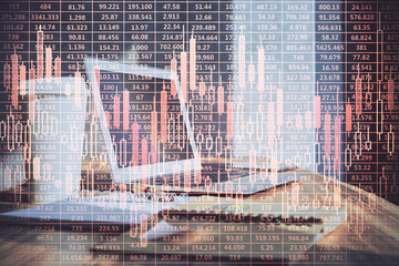 Poster - Double exposure of chart and financial info and work space with computer background. Concept of international online trading.