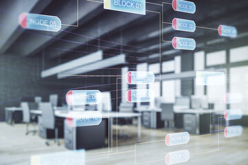 Poster - Multi exposure of abstract software development hologram on modern corporate office background, research and analytics concept