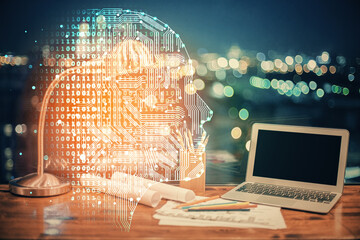 Aufkleber - Multi exposure of work space with computer and human brain hologram. Brainstorm concept.