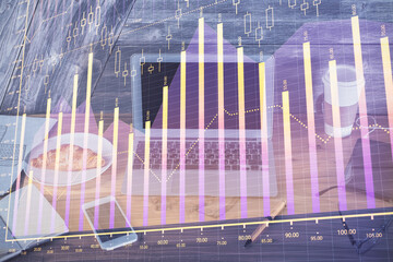 Poster - Double exposure of forex chart and work space with computer. Concept of international online trading.