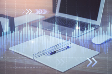 Poster - Double exposure of forex chart and work space with computer. Concept of international online trading.