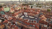 Warsaw Old Town And Modern Skyscrapers Aerial View, Poland. 