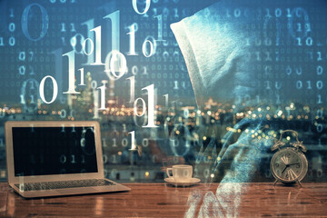 Poster - Multi exposure of computer on background and technology theme drawing. Concept of innovation.